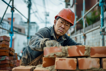 Asian Construction worker laying bricks on a construction site. 
