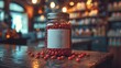 Nutraceuticals in Focus: Red Vitamin Pills Spilling from a Transparent Jar on Wooden Surface