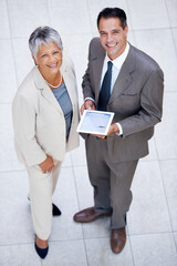 Poster - High angle of tablet, company and portrait with smile, employee and entrepreneur. Man, woman and corporate for business, discussion and meeting for online enterprise or accounting firm and agency