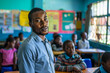 Portrait of black male teacher helping his students in classroom at school.

