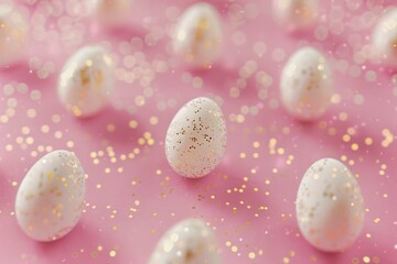 Wall Mural - miniature white eggs on pastel pink background