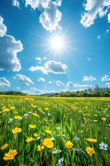 Wall Mural - A beautiful field with blooming rapeseed at sunny day. There are rapeseed flowers below and green grass on top of the sun