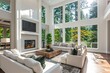 Beautiful living room interior with hardwood floors and fireplace in new luxury home. Large bank of windows hints at exterior view. AI generative