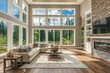 Beautiful living room interior with hardwood floors and fireplace in new luxury home. Large bank of windows hints at exterior view.