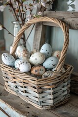 Wall Mural - Easter eggs arranged in a basket made of wooden boards