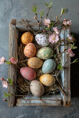 Wall Mural - Easter eggs arranged in a basket made of wooden boards