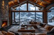 Cheminée dans l'intérieur d'un chalet de luxe en hiver avec vue sur la montagne et la neige.