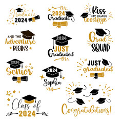 Sticker - Graduation congratulations at school, university or college . Trendy calligraphy golden glitter inscription