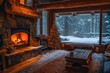 cozy cabin with a roaring fireplace and snow falling outside