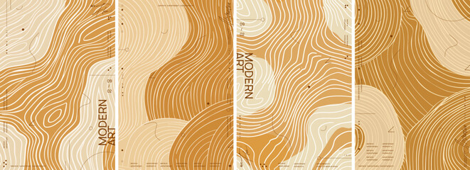 Wall Mural - A set of modern abstract posters reminiscent of a topographic map pattern or wood grain texture. Four vector simple illustrations with wavy lines and a beige-caramel color palette.