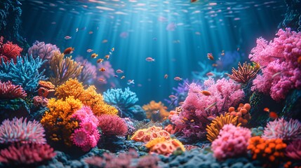 Wall Mural - colorful sea coral reef claymation, penetration light, text copy space