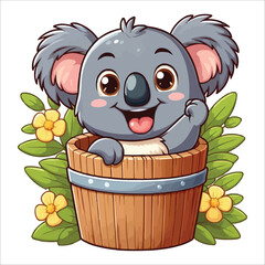 Cheerful koala in a wooden bucket cartoon vector illustration