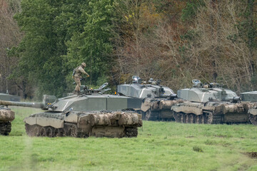 a squadron of British army FV4034 Challenger 2 ii main battle tanks preparing for a military exercise, Wilts UK