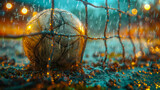 Fototapeta Sport - Soccer ball on the green field of stadium with lights and flashes