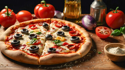 Wall Mural - Pizza with mozzarella cheese, tomatoes and black olives on wooden table