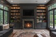 front view of a gas fireplace with a tv on top, a built-in library on each side with led lightning.