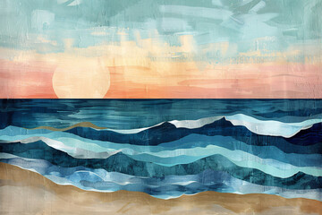 Canvas Print - Abstract textured seascapes with sun, clouds, and coastal scenes. Illustration for interior design