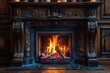 Large traditional fireplace with roaring fire. Empty mantle piece mockup shelf