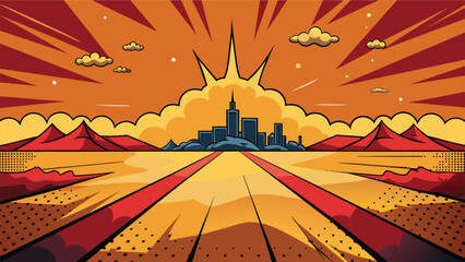 Vector illustration of a city in the middle of the desert. Landscape with mountains, sun and clouds.