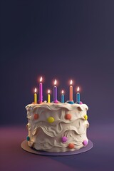 Happy birthday greeting card with cute cake and candles on dark background.