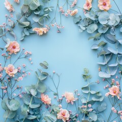 Canvas Print - otton Flowers and Eucalyptus Branches Arranged on a Pastel Blue Background