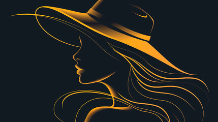 Wall Mural - line art of Long haired beautiful woman in hat isolated on black background 