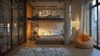 Modern style large bedroom incorporating a lofted sleeping area accessed by a ladder and a cozy reading corner with a bean bag chair and a floor lamp