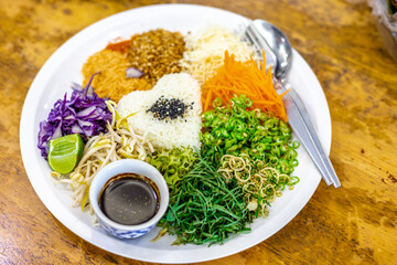 Wall Mural - The background of the food menu includes boiled sea bass, pork leg rice, and delicious flavors while traveling.