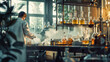An experimental setup with test tubes bubbling and smoke rising, as a scientist in a white coat carefully monitors the reaction in a modern laboratory. 8K