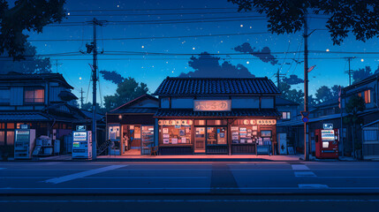 beautiful japanese village city town in the night evening. railway station with shop. anime comics artstyle. cozy lofi asian architecture