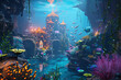 Explore the enchanted underwater fantasy kingdom: a mystical submerged palace with vibrant marine life. Colorful coral reef