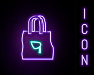 Poster - Glowing neon line Paper shopping bag with recycle icon isolated on black background. Bag with recycling symbol. Colorful outline concept. Vector