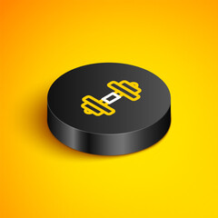 Wall Mural - Isometric line Dumbbell icon isolated on yellow background. Muscle lifting, fitness barbell, sports equipment. Black circle button. Vector