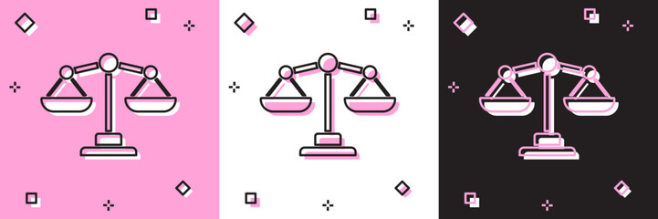 Sticker - Set Scales of justice icon isolated on pink and white, black background. Court of law symbol. Balance scale sign. Vector.