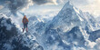 A lone hiker in bright orange prepares to face the snowy expanse of an imposing mountain range