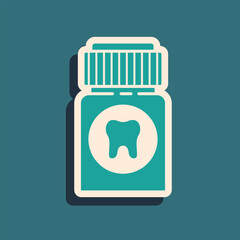 Poster - Green Toothache painkiller tablet icon isolated on green background. Tooth care medicine. Capsule pill and drug. Pharmacy design. Long shadow style. Vector