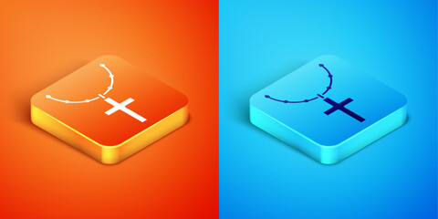 Wall Mural - Isometric Christian cross on chain icon isolated on orange and blue background. Church cross. Vector