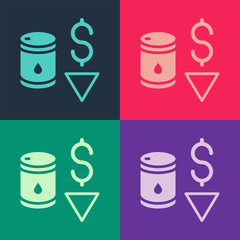 Canvas Print - Pop art Drop in crude oil price icon isolated on color background. Oil industry crisis concept. Vector