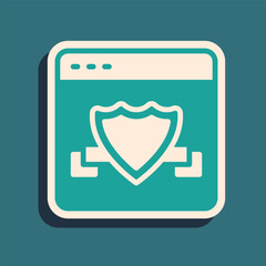 Poster - Green Browser with shield icon isolated on green background. Security, safety, protection, privacy concept. Long shadow style. Vector