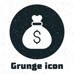 Poster - Grunge Money bag icon isolated on white background. Dollar or USD symbol. Cash Banking currency sign. Monochrome vintage drawing. Vector