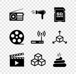 Wall Mural - Set Radio, Hair dryer, SD card, Movie clapper, Isometric cube and Shit icon. Vector