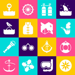 Sticker - Set Wind rose, Lifebuoy, Smoking pipe, Aqualung, jacket, Seagull sits on, Periscope and Pirate treasure map icon. Vector