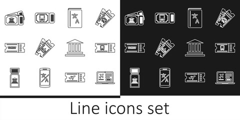 Sticker - Set line Laptop with ticket, Bus, Translator book, Airline, Ticket, Museum, building and icon. Vector