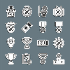 set line sports winner podium, planning strategy concept, basketball medal, and basket, game ticket,
