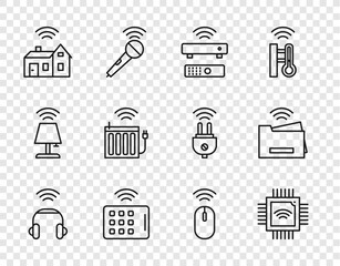 Wall Mural - Set line Smart headphones, Processor with microcircuits CPU, Wireless TV box receiver, tablet, home wireless, heating radiator, mouse and printer icon. Vector