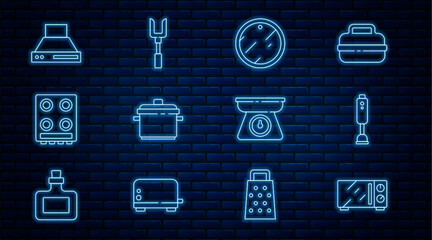 Poster - Set line Microwave oven, Blender, Cutting board, Cooking pot, Gas stove, Kitchen extractor fan, Scales and Barbecue fork icon. Vector