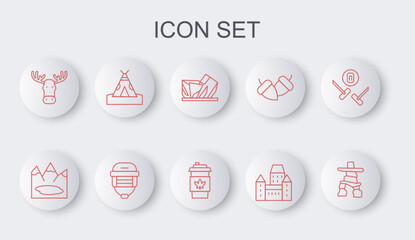 Sticker - Set line Inukshuk, Canadian lake, Royal Ontario museum, Chateau Frontenac hotel, Moose head with horns, Indian teepee wigwam, Hockey helmet and Coffee cup to go icon. Vector