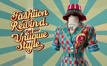"Fashion Rewind - Find Your Unique Style" Vintage-inspired Patchwork Jacket On A Dress Form, Celebrating Individual Fashion Expression And Retro Charm.