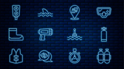 Wall Mural - Set line Aqualung, Flippers for swimming, Flashlight diver, Boots, Gauge scale, Floating buoy and Shark icon. Vector