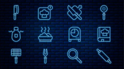 Sticker - Set line Rolling pin, Cookbook, Cutting board and knife, Bowl of hot soup, Kitchen apron, Meat chopper, timer and Chef hat icon. Vector